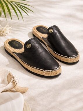 Michael Kors Hastings Leather Espadrille Mule Black Logo Slide Slip On Size 7